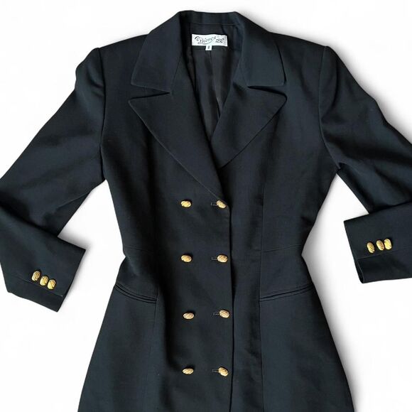 Black Vintage 80’s/90s Double-Breasted Wool Blazer Dress W/ Gold Button Accents - Picture 2 of 8